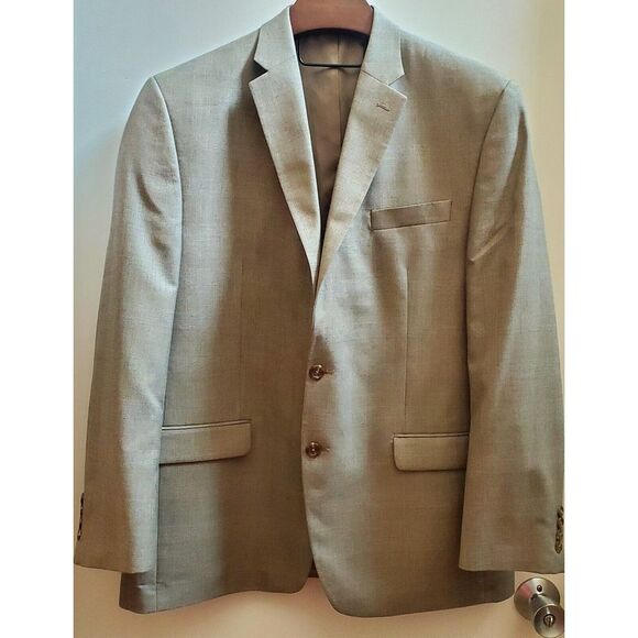 CHAPS Blazer Sport Coat 46R Classic Plaid Taupe & Black Blend Poly/Rayon Lined - Picture 2 of 16